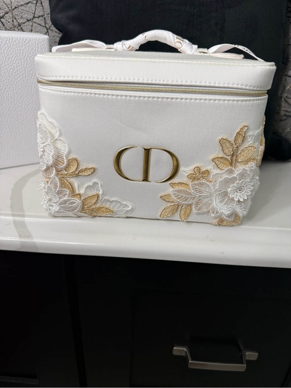 Dior Luxury White Floral Embroidered Vanity Bag with Gold Accent